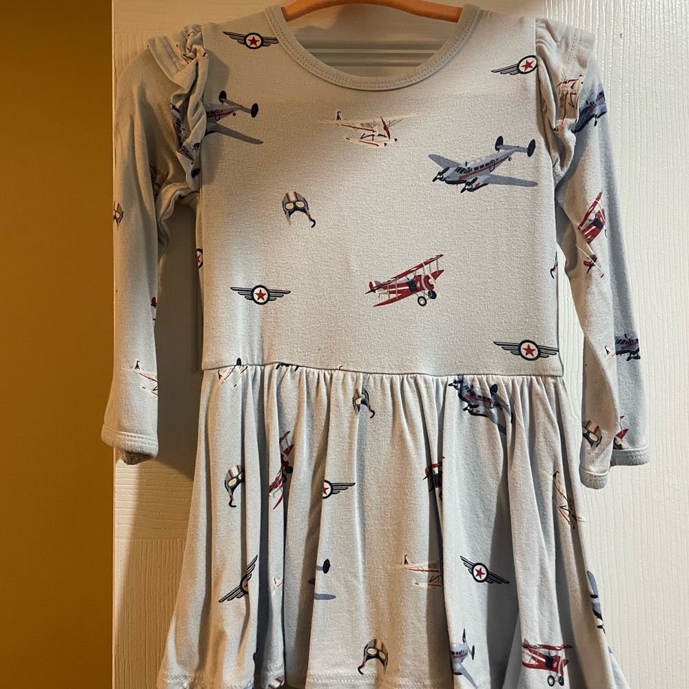 Kyte BABY Airplane Print Kids Dress - Gray